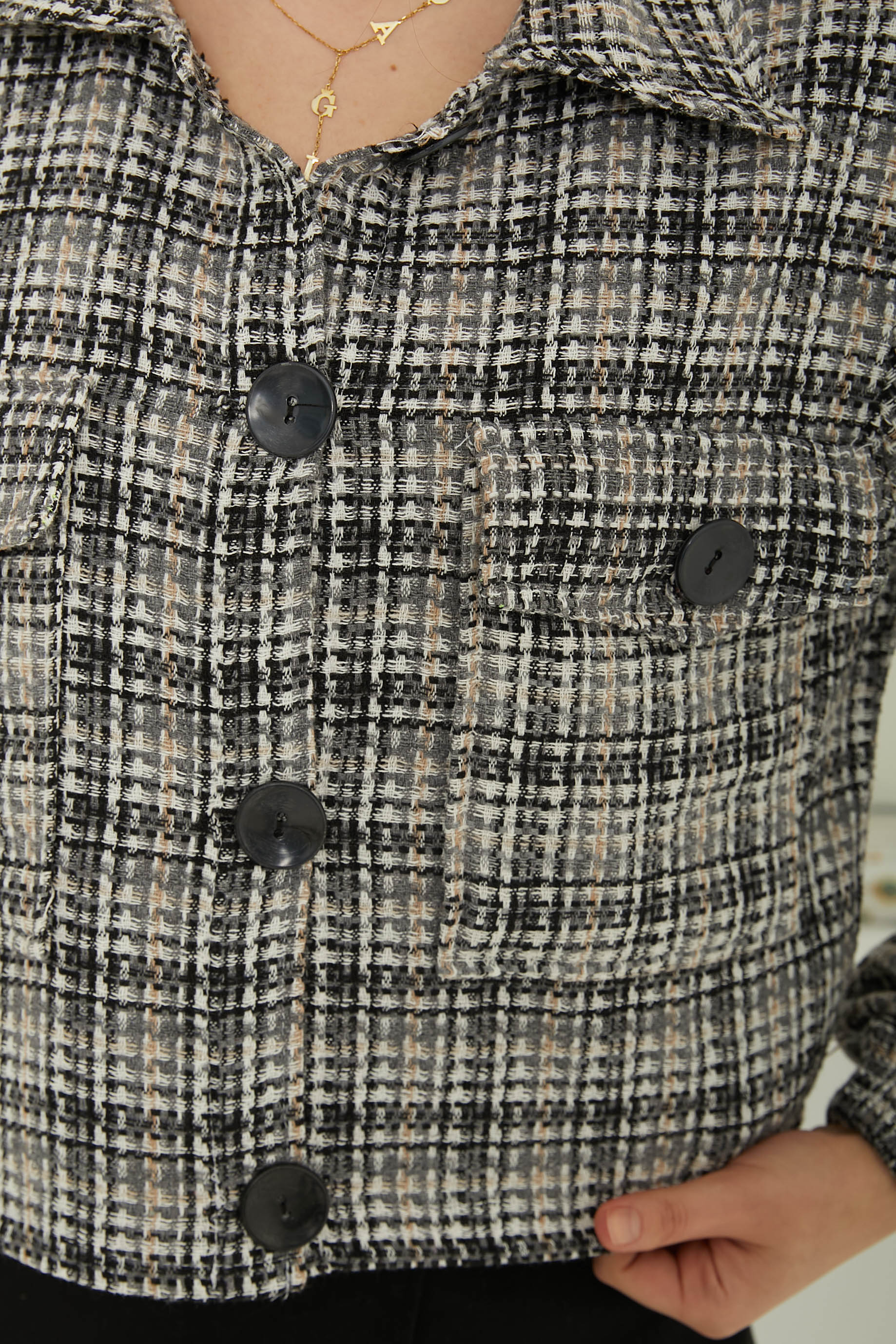 Kadın Gömlek Yaka Düğmeli Şanel Ceket Siyah - 13361 - 5