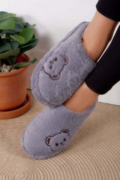 Kadın Gri Peluş Ayıcıklı Ev Terliği - 26296 