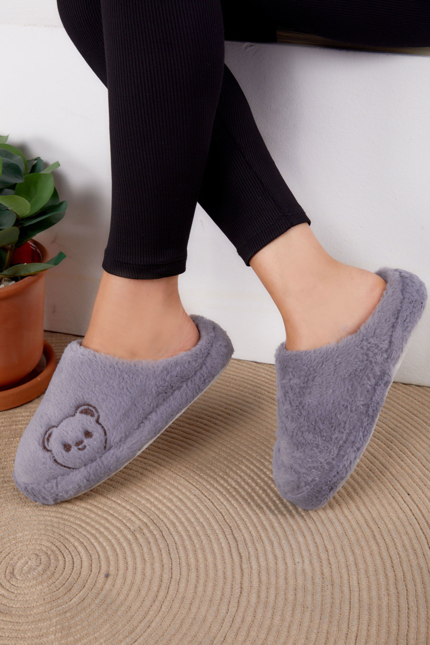 Kadın Gri Peluş Ayıcıklı Ev Terliği - 26296 - 2
