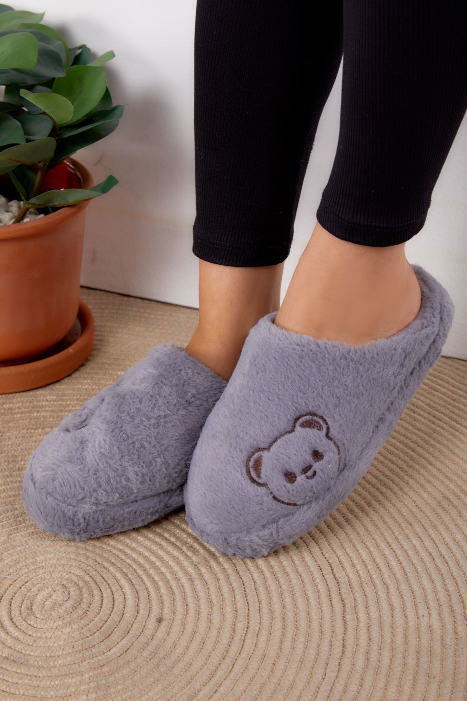 Kadın Gri Peluş Ayıcıklı Ev Terliği - 26296 - 3