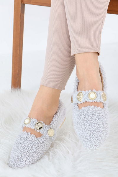 Kadın Gri İnci Ve Tuğra Detaylı Peluş Babet - 27911-GRI 