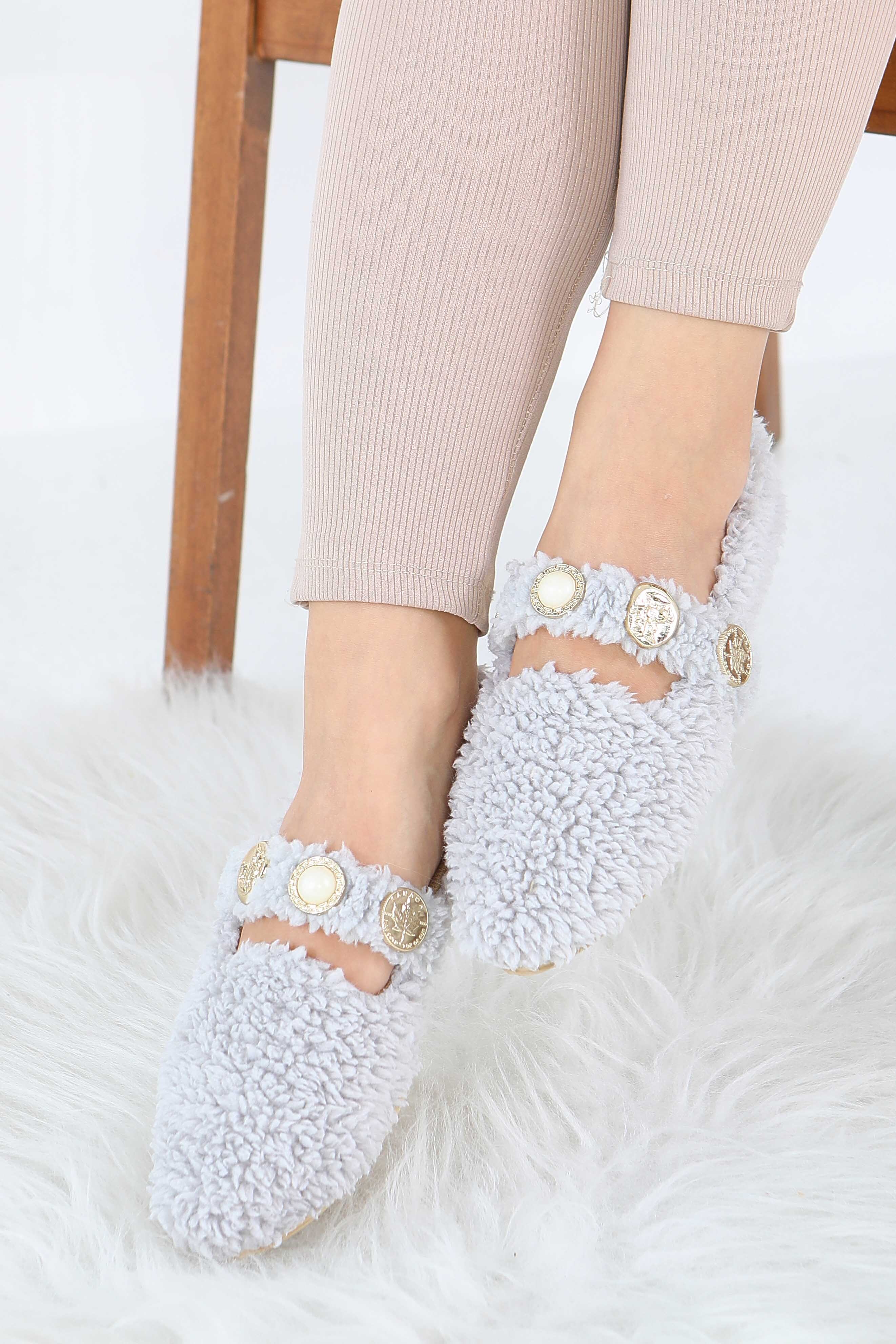 Kadın Gri İnci Ve Tuğra Detaylı Peluş Babet - 27911-GRI - 2