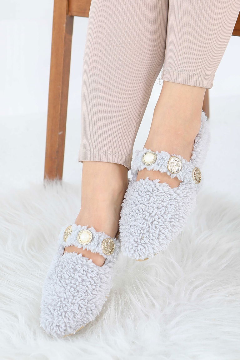 Kadın Gri İnci Ve Tuğra Detaylı Peluş Babet - 27911-GRI - TOFİSA