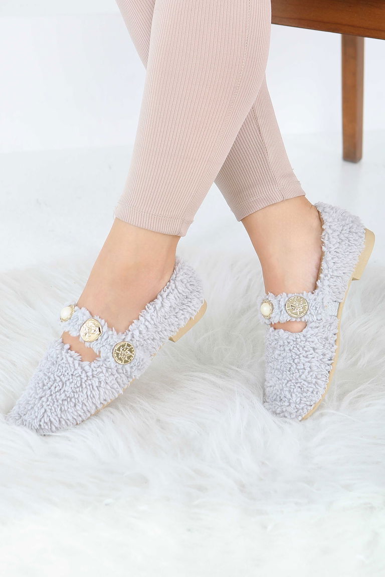 Kadın Gri İnci Ve Tuğra Detaylı Peluş Babet - 27911-GRI - TOFİSA