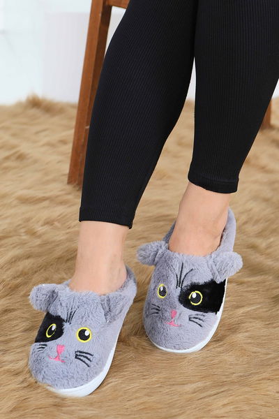 Kadın Gri Kedi İşleme Detaylı Ev Terliği - 27778-GRI 
