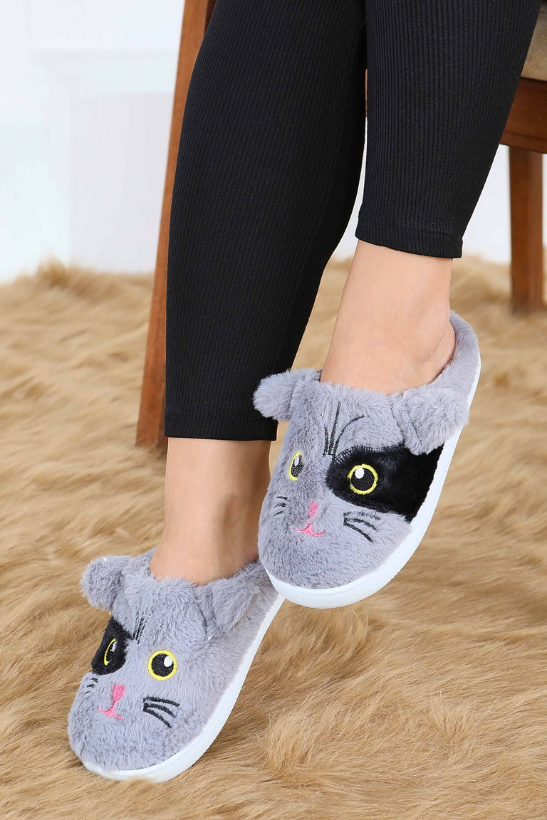 Kadın Gri Kedi İşleme Detaylı Ev Terliği - 27778-GRI - TOFİSA