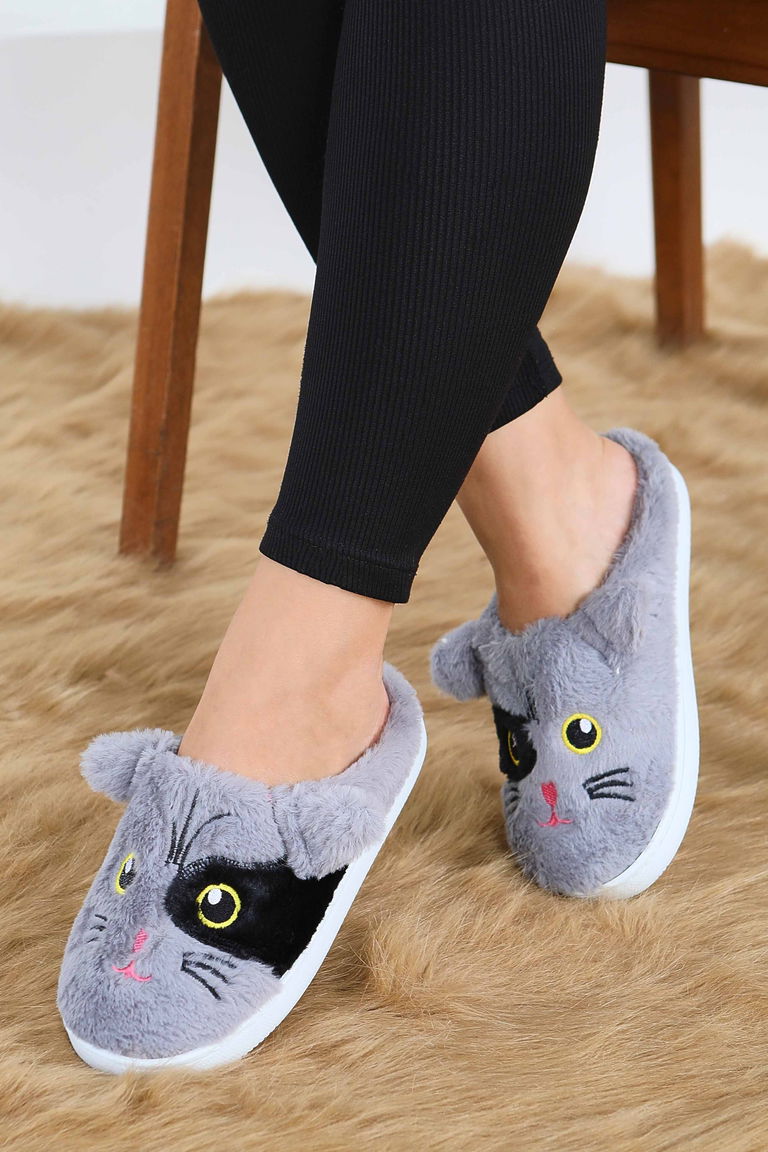 Kadın Gri Kedi İşleme Detaylı Ev Terliği - 27778-GRI - TOFİSA