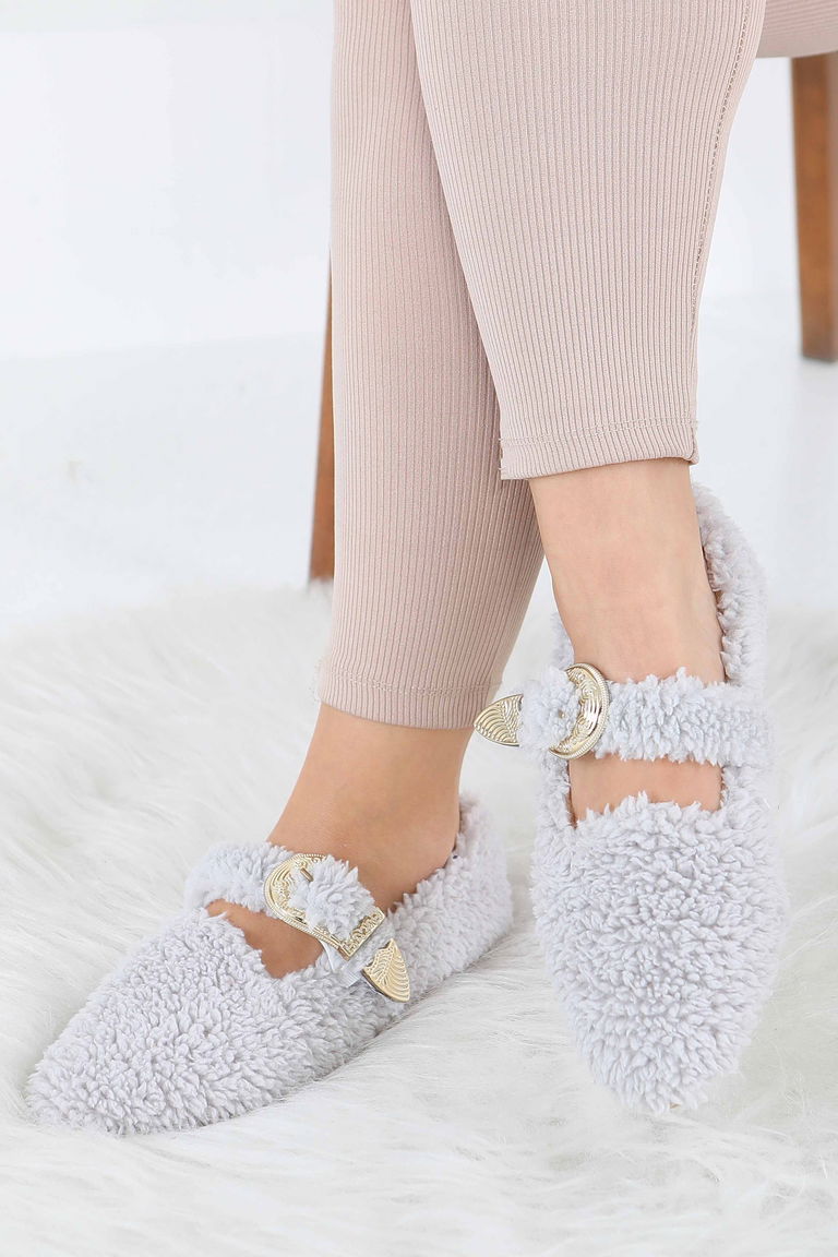 Kadın Gri Kemer Detaylı Peluş Babet - 27910-GRI - TOFİSA