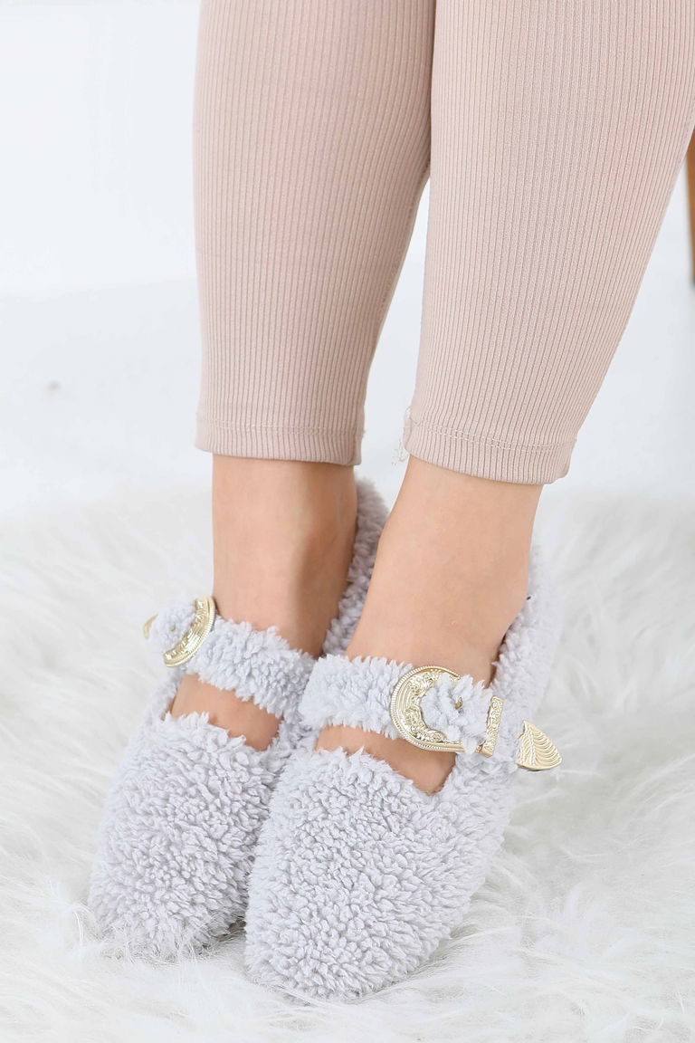 Kadın Gri Kemer Detaylı Peluş Babet - 27910-GRI - TOFİSA