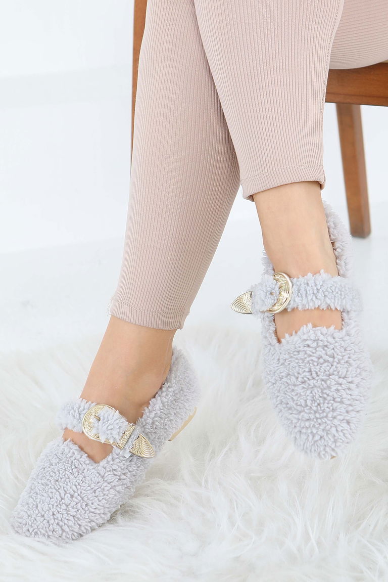 Kadın Gri Kemer Detaylı Peluş Babet - 27910-GRI - TOFİSA