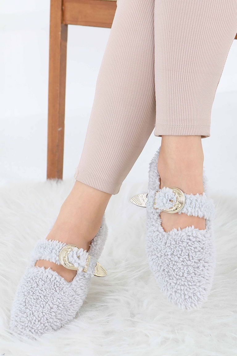 Kadın Gri Kemer Detaylı Peluş Babet - 27910-GRI - TOFİSA