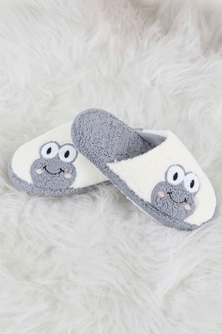 Kadın Gri Kurbağa İşlemeli Ev Terliği - 27779-GRI - TOFİSA