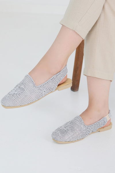 Kadın Gri Nakış Hasırlı Sandalet - 27482 