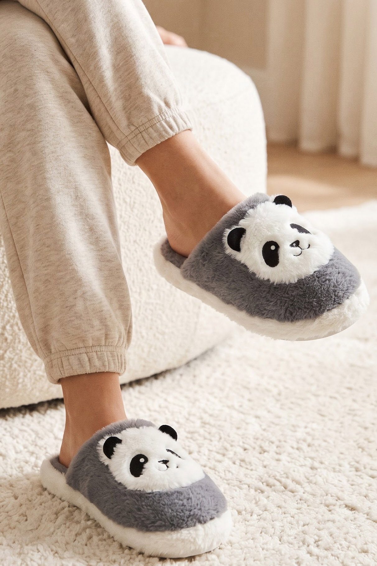 Kadın Gri Panda Nakışlı Ev Terliği - 29335-GRI - 1