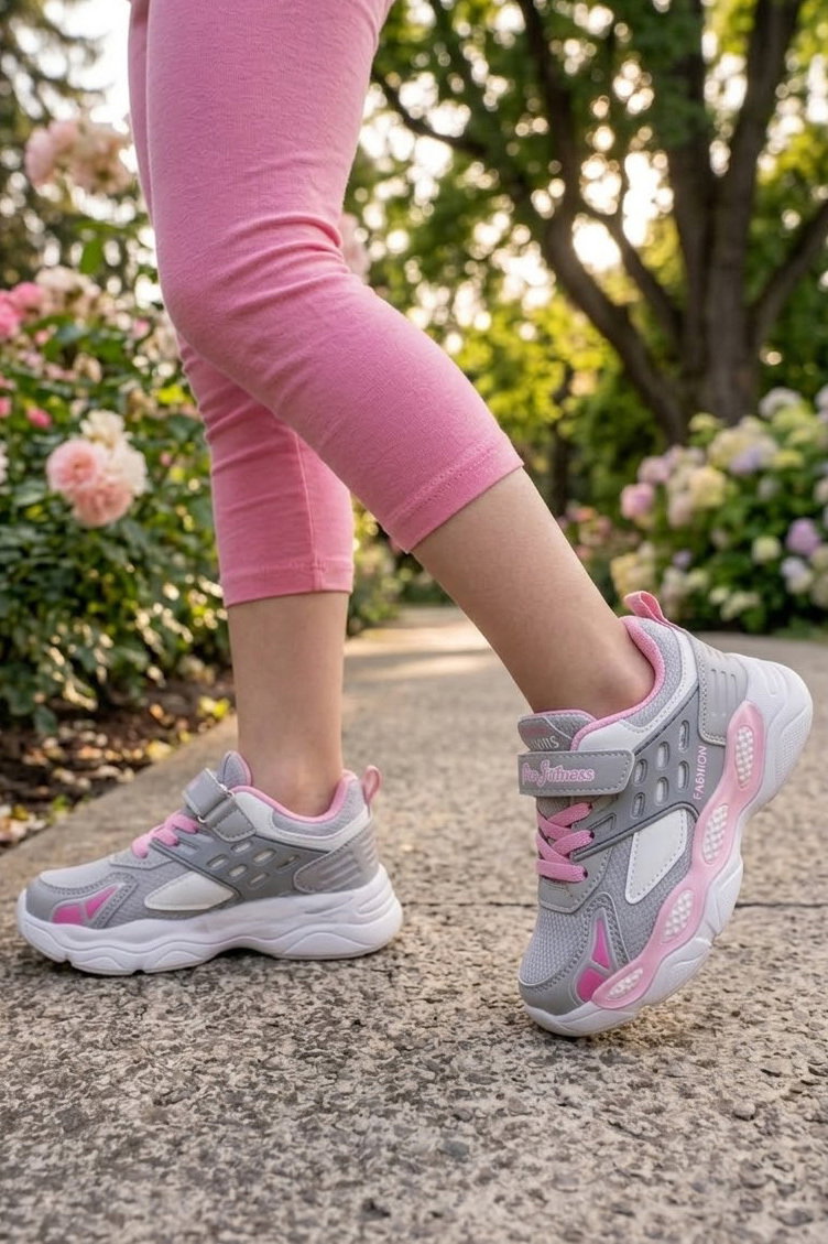 Kadın Gri Pembe Cırtlı Çocuk Spor Ayakkabı - 28588-GRI-PEMBE - 1