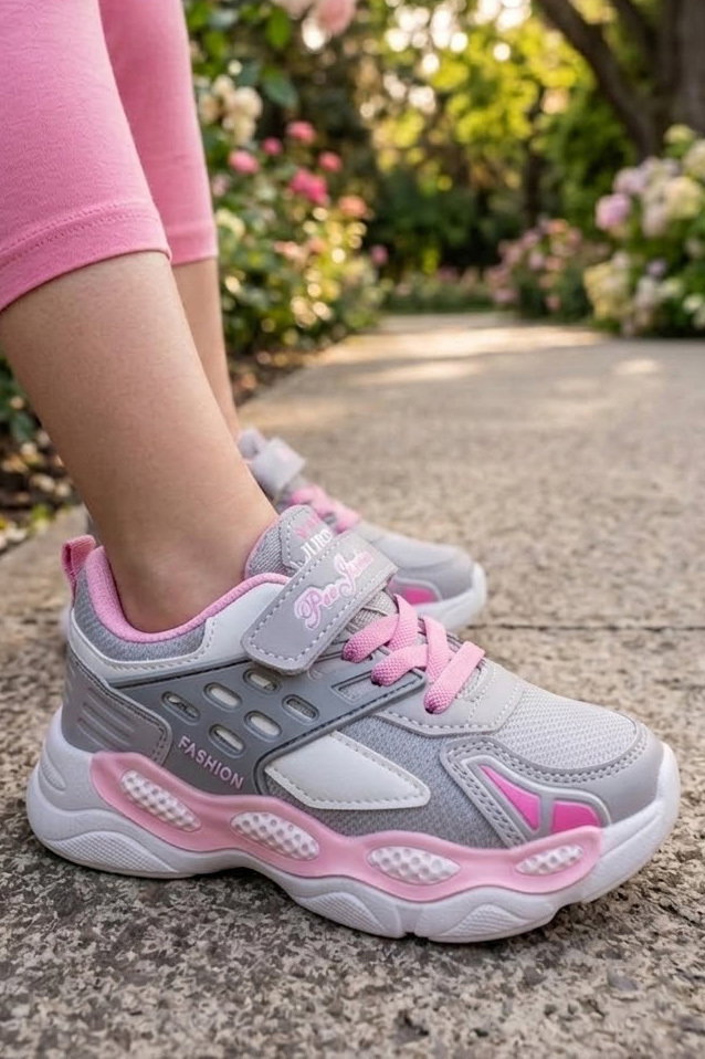 Kadın Gri Pembe Cırtlı Çocuk Spor Ayakkabı - 28588-GRI-PEMBE - 2