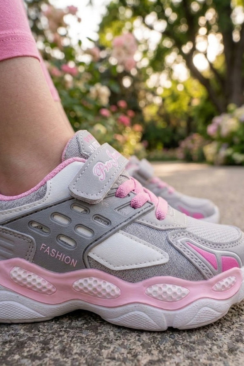 Kadın Gri Pembe Cırtlı Çocuk Spor Ayakkabı - 28588-GRI-PEMBE - 3
