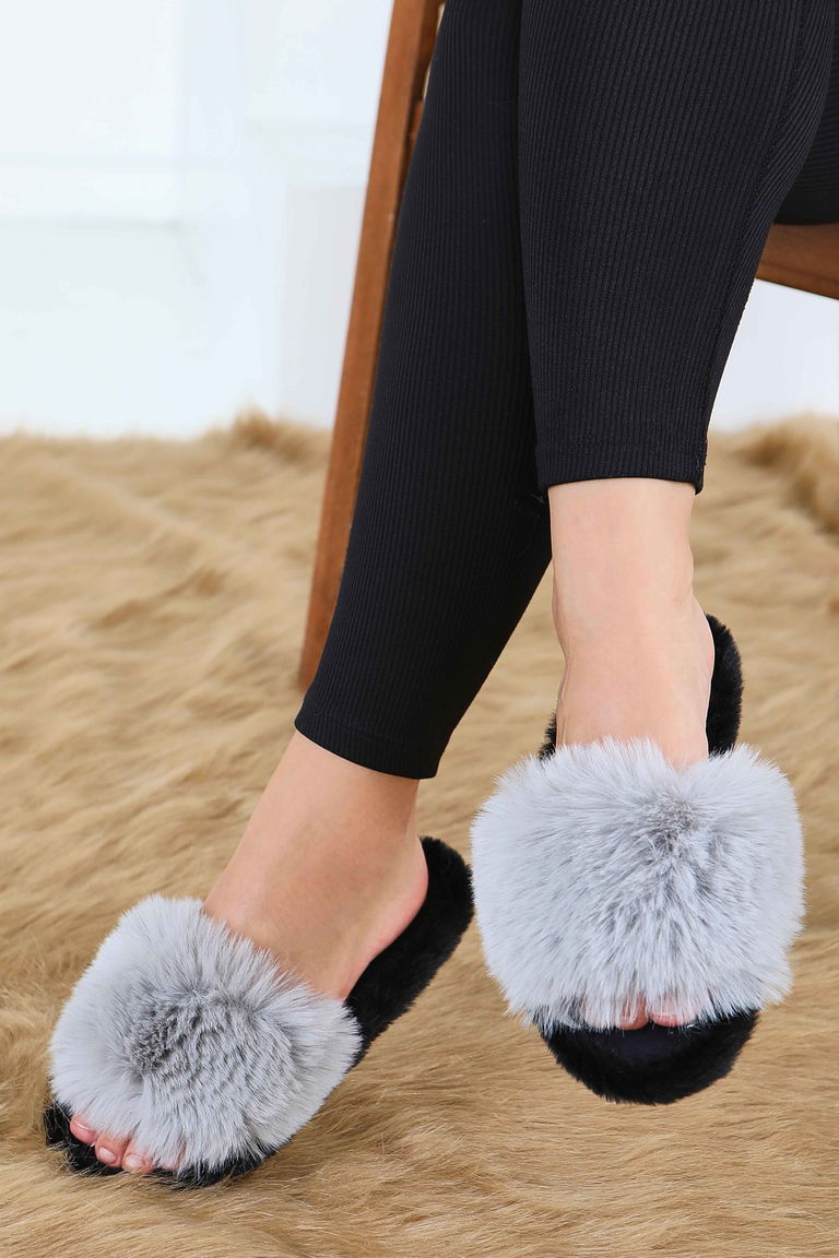 Kadın Gri Ponponlu Ev Terliği - 27782-GRI - TOFİSA