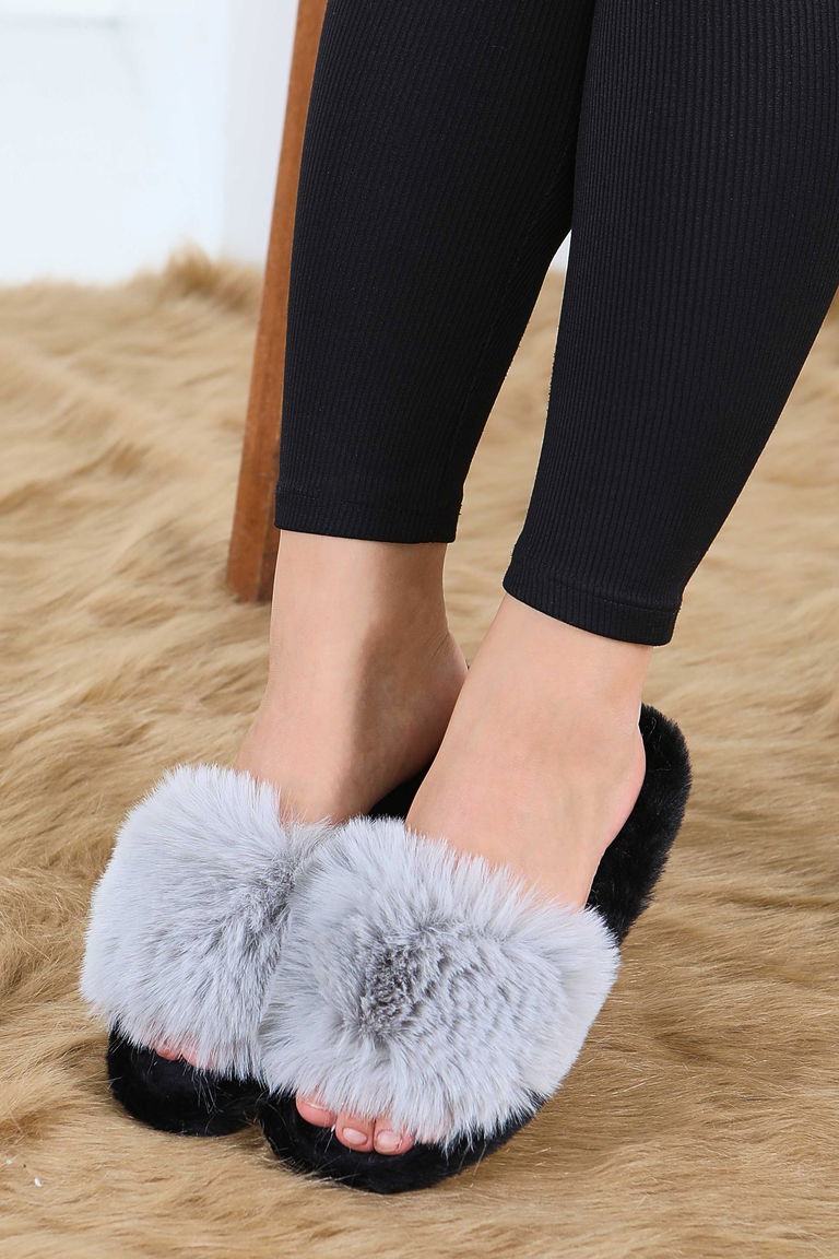 Kadın Gri Ponponlu Ev Terliği - 27782-GRI - TOFİSA