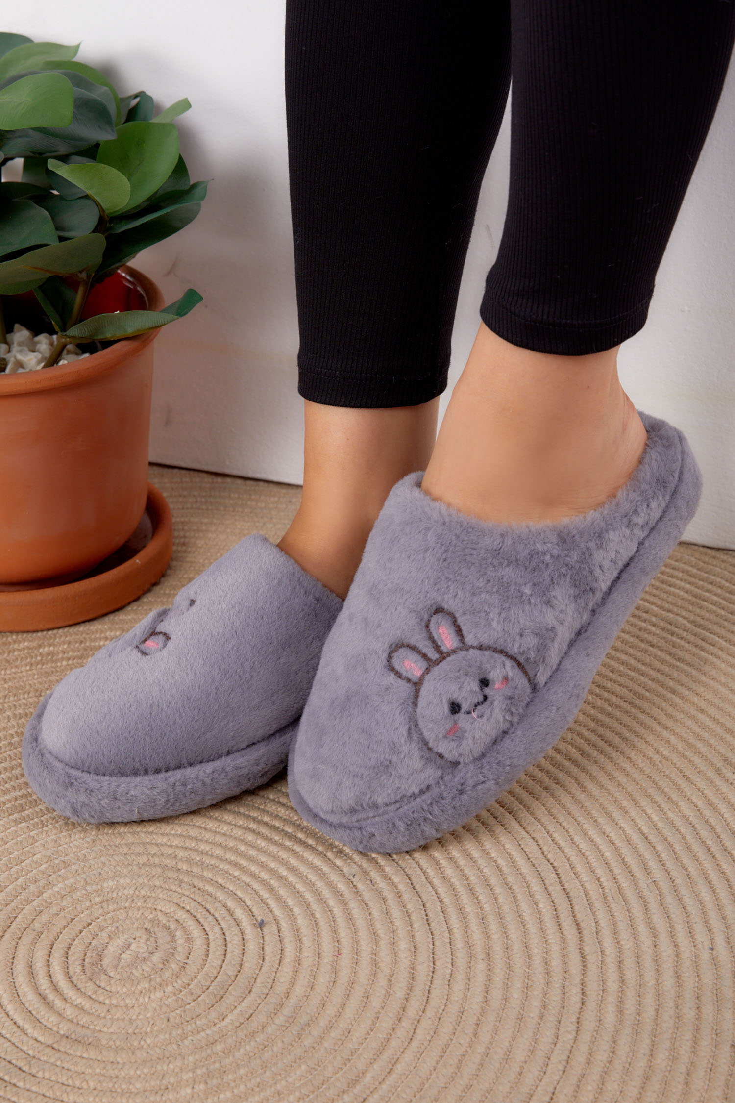 Kadın Gri Peluş Tavşanlı Ev Terliği - 26295 - 3