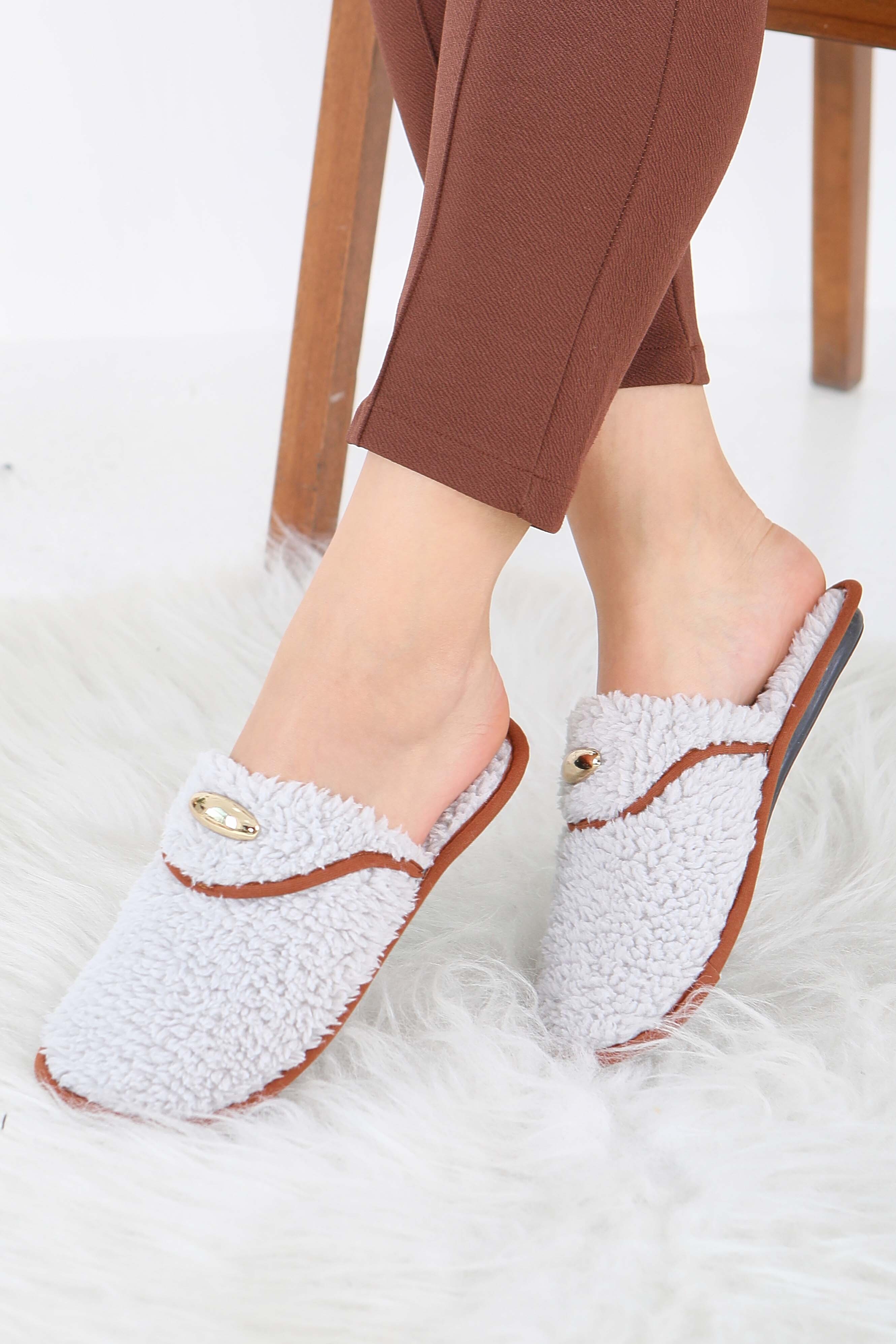 Kadın Gri Tokalı Peluş Ev Terliği - 27912-GRI - 3