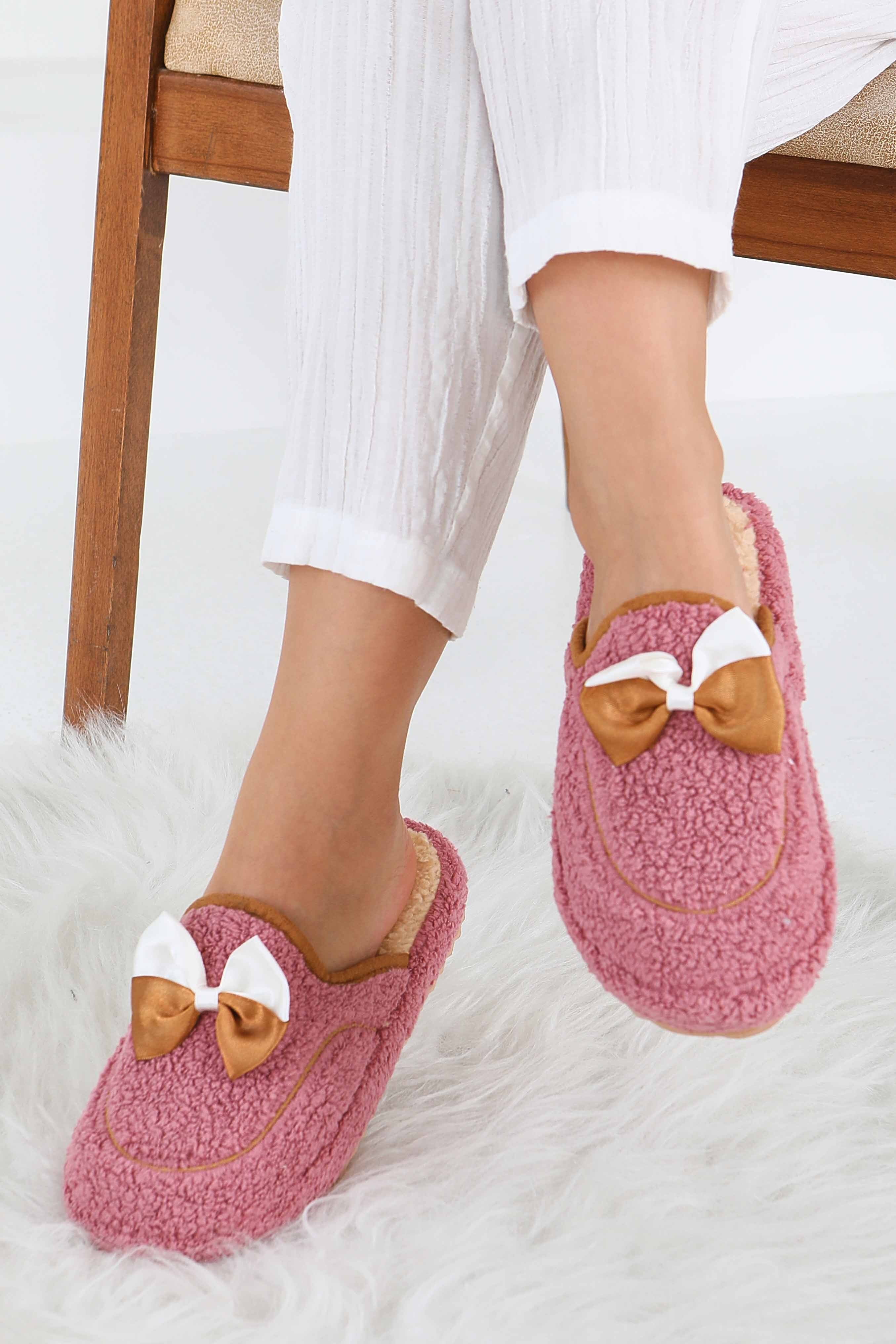 Kadın Gul Kurusu Fiyonklu Peluş Ev Terliği - 27772-GUL-KURUSU - 6