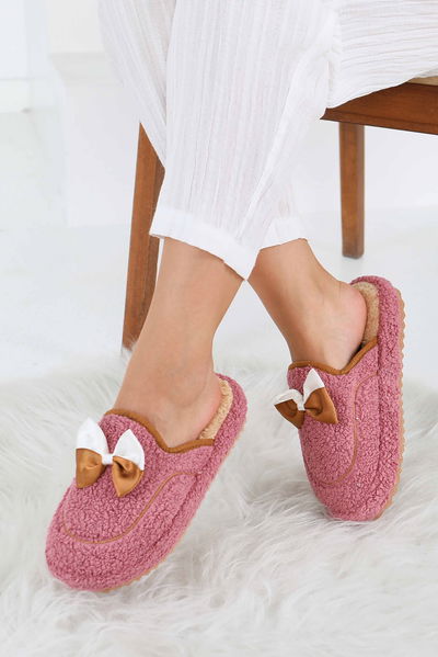 Kadın Gul Kurusu Fiyonklu Peluş Ev Terliği - 27772-GUL-KURUSU 