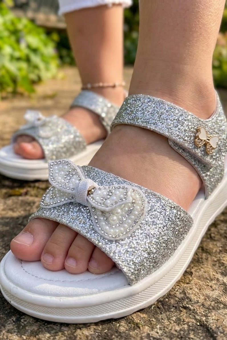 Kadın Gümüş Simli Fiyonklu Kız Çocuk Sandalet - 28587-GUMUS - 3