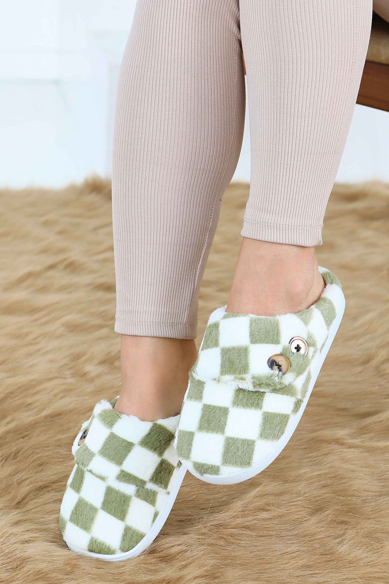 Kadın Haki Ekoseli Düğmeli Ev Terliği - 27780-HAKI - TOFİSA