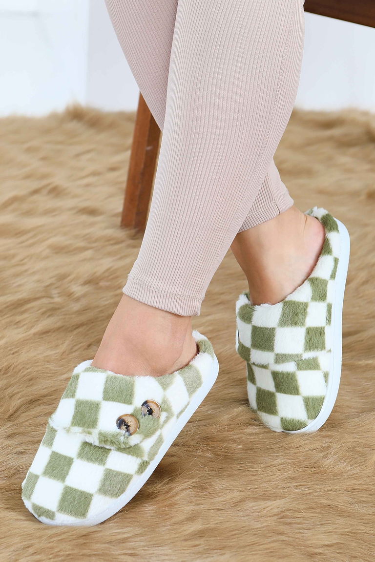 Kadın Haki Ekoseli Düğmeli Ev Terliği - 27780-HAKI - TOFİSA