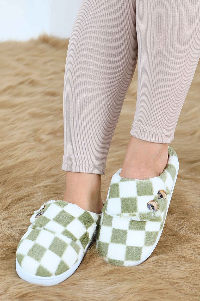 Kadın Haki Ekoseli Düğmeli Ev Terliği - 27780-HAKI - TOFİSA