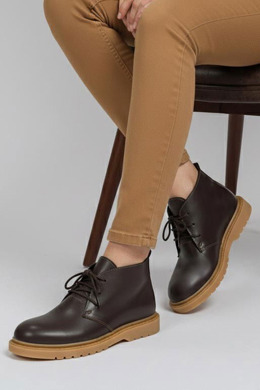 Kadın Kahve Bağcıklı Yarım Cilt Rugan Bot - 27907-KAHVE - 1