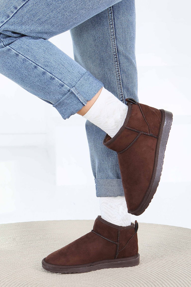 Kadın Kahve İçi Peluş Yarım Süet Bot - 27784-KAHVE - TOFİSA