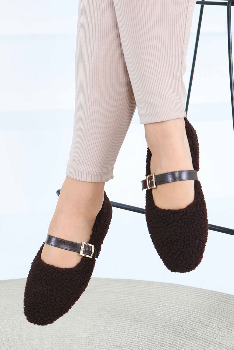 Kadın Kahve Peluş Kemerli Babet - 27792-KAHVE - TOFİSA