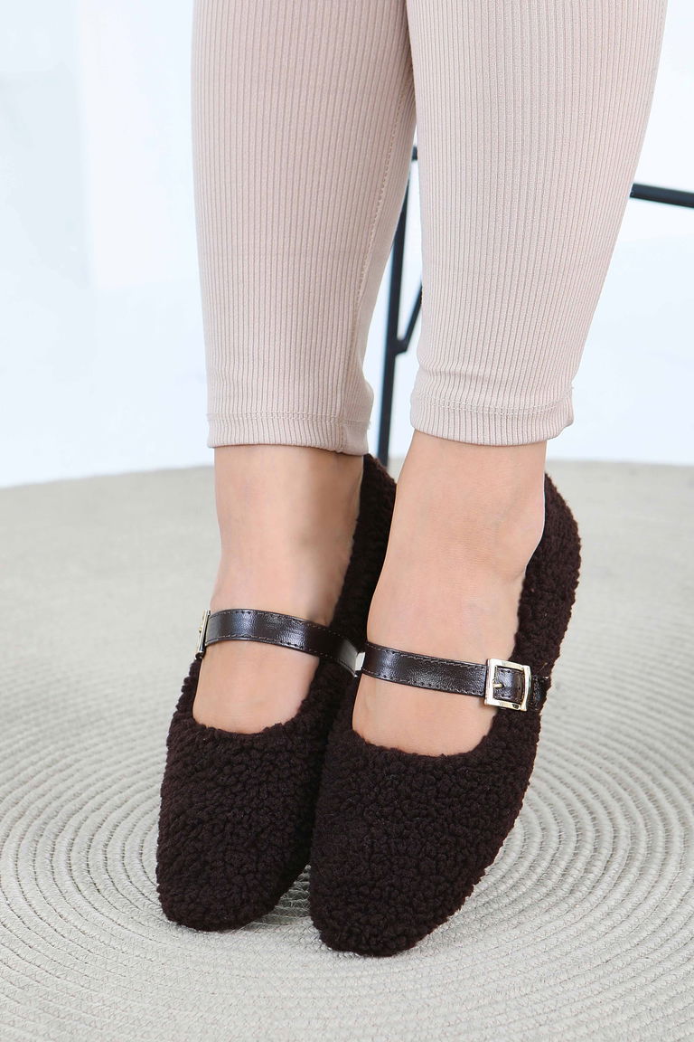 Kadın Kahve Peluş Kemerli Babet - 27792-KAHVE - TOFİSA