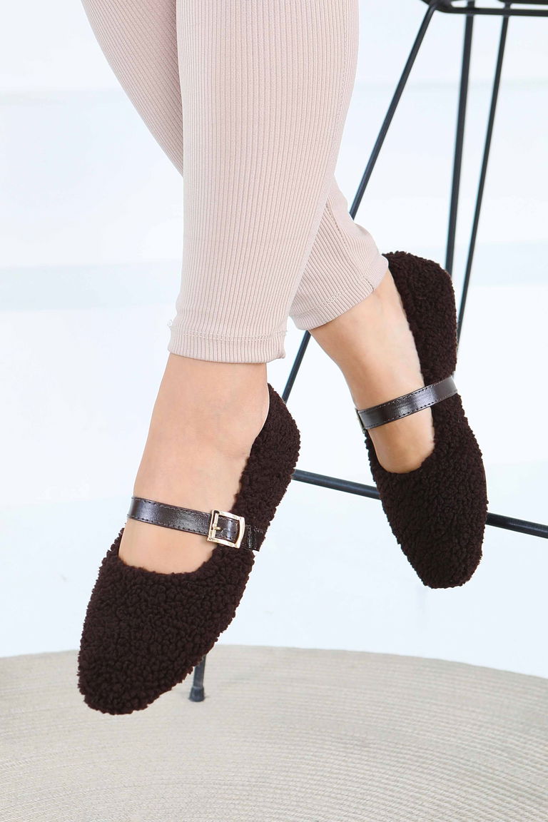 Kadın Kahve Peluş Kemerli Babet - 27792-KAHVE - TOFİSA