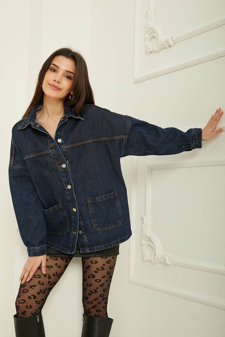 Kadın Kar Yıkama Çift Cepli Düğmeli Kot Ceket - 26657 - TOFİSA