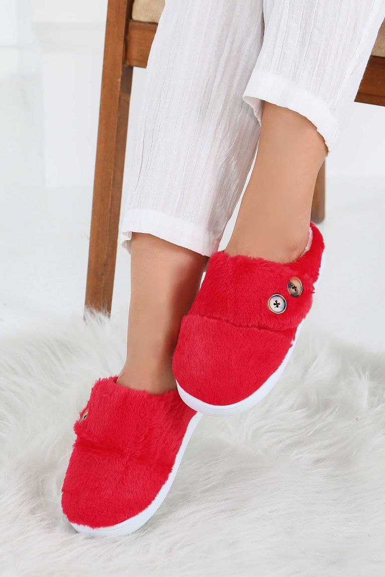 Kadın Kirmizi Düğmeli Düz Ev Terliği - 27777-KIRMIZI - TOFİSA