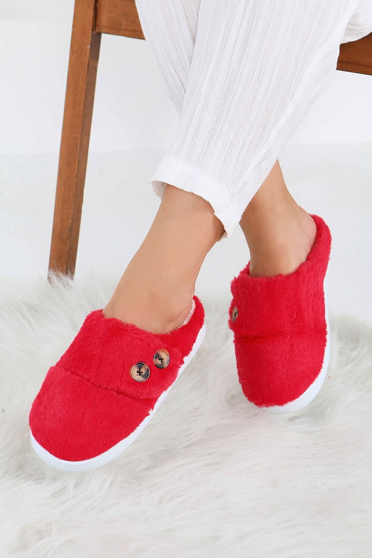 Kadın Kirmizi Düğmeli Düz Ev Terliği - 27777-KIRMIZI - TOFİSA