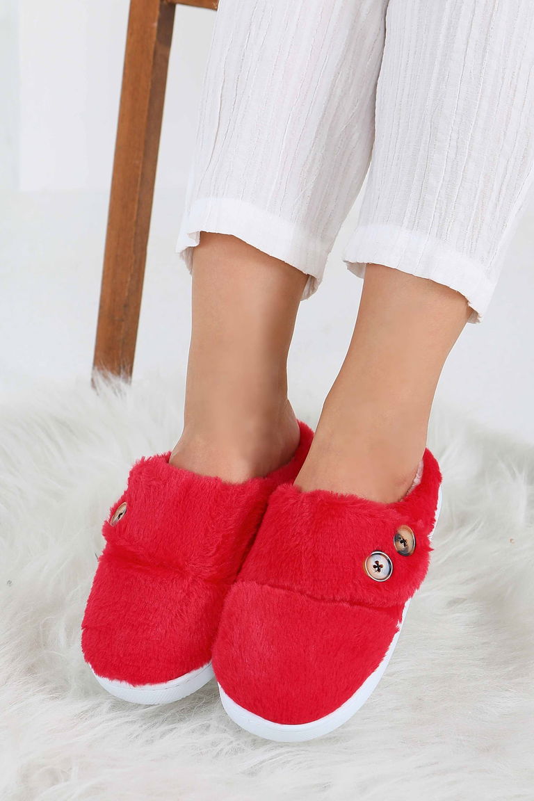 Kadın Kirmizi Düğmeli Düz Ev Terliği - 27777-KIRMIZI - TOFİSA