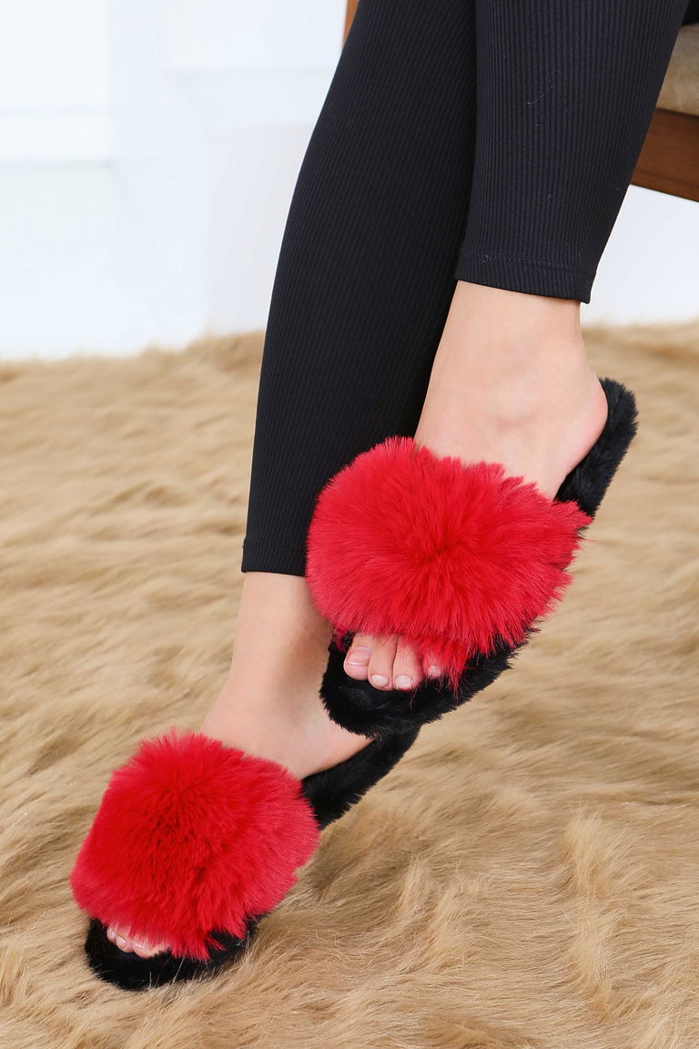 Kadın Kirmizi Ponponlu Ev Terliği - 27782-KIRMIZI - TOFİSA