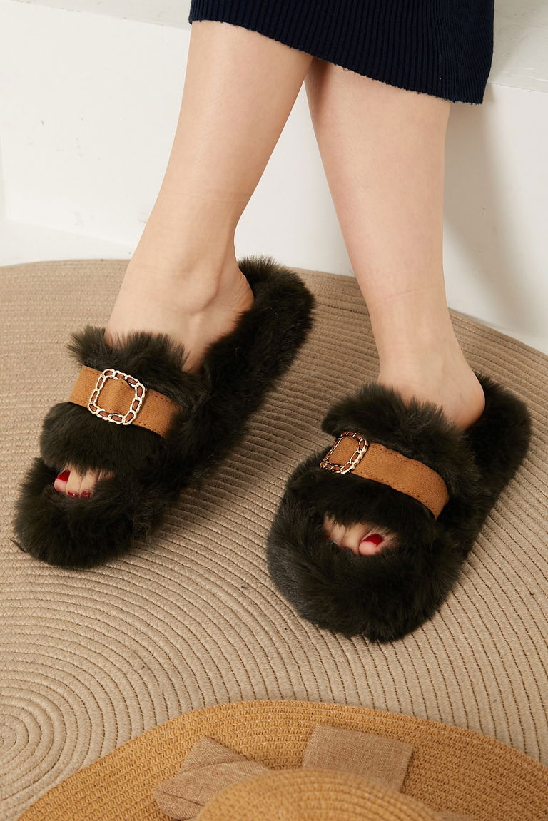 Kadın Koyu Haki Tokalı Terlik - 26406 - TOFİSA