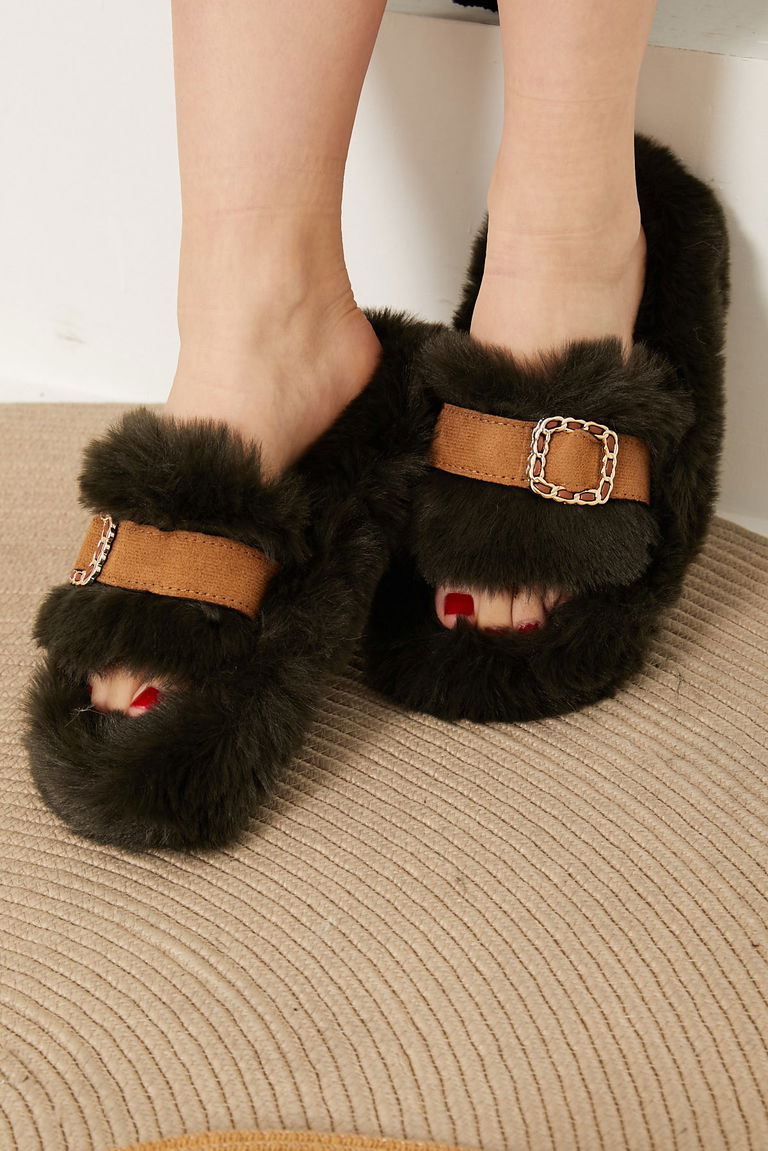 Kadın Koyu Haki Tokalı Terlik - 26406 - TOFİSA