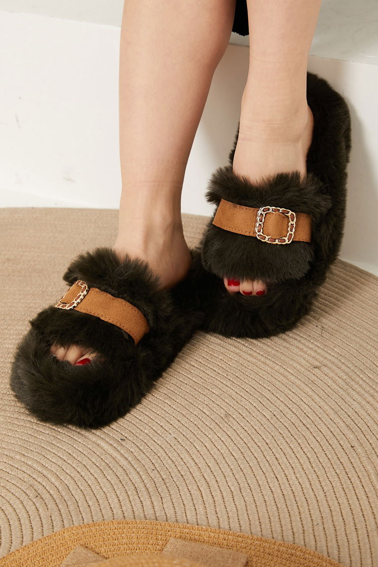 Kadın Koyu Haki Tokalı Terlik - 26406 - TOFİSA