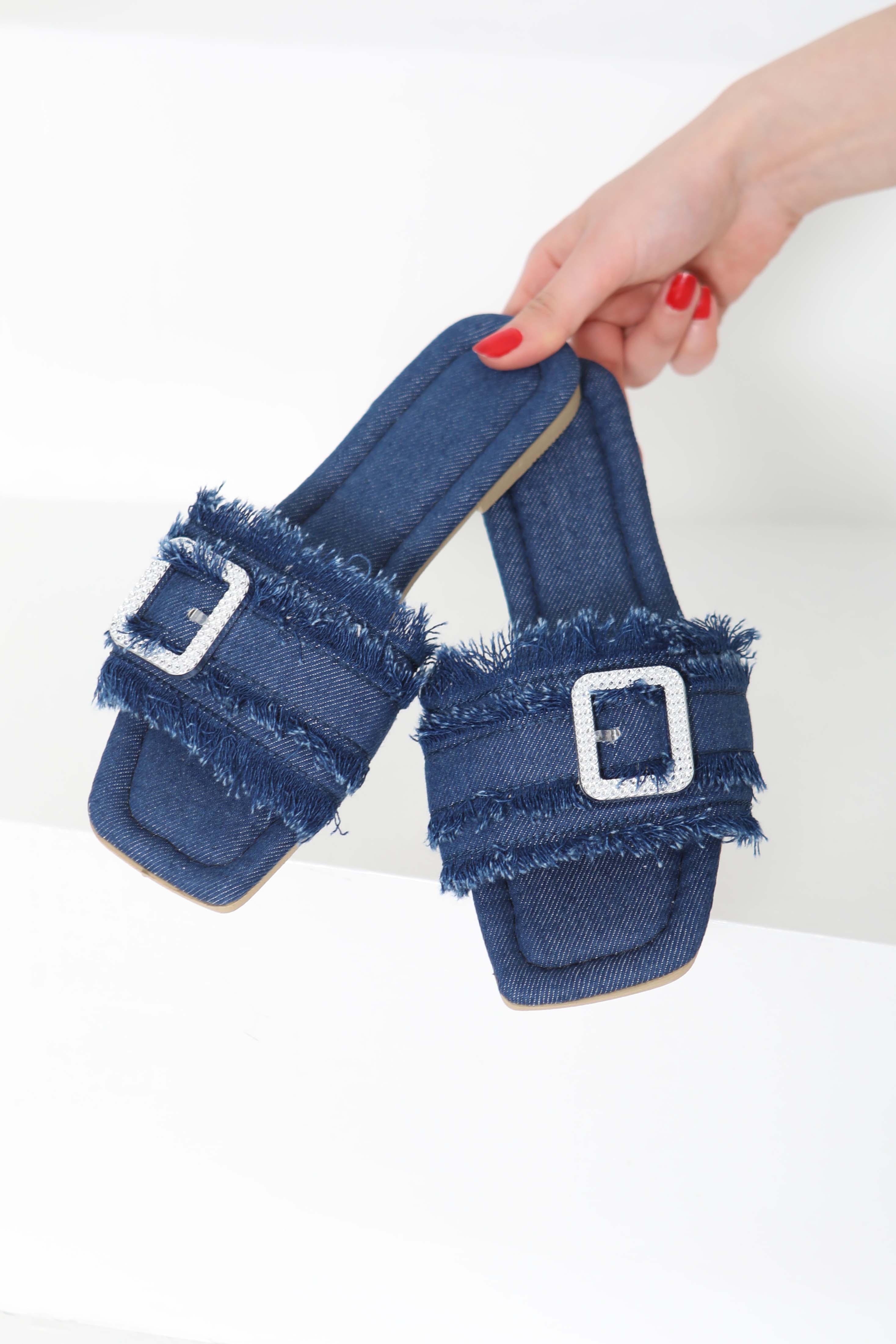 Kadın Koyu Mavi Tokalı Kot Terlik - 27159 - 5