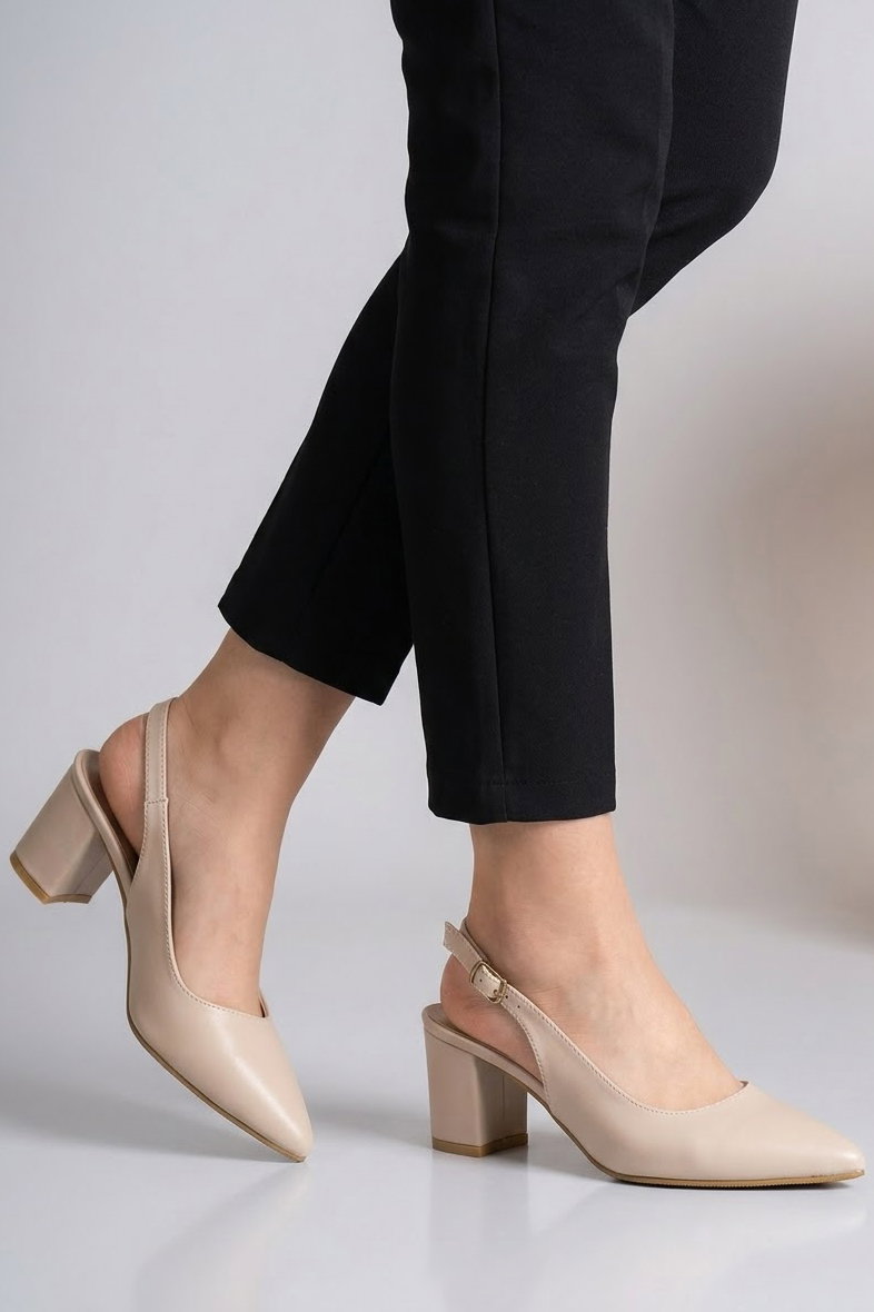 Kadın Krem Arkası Kemerli Kalın Topuklu Ayakkabı - 29228-KREM - 2