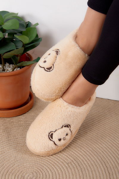 Kadın Krem Peluş Ayıcıklı Ev Terliği - 26296 
