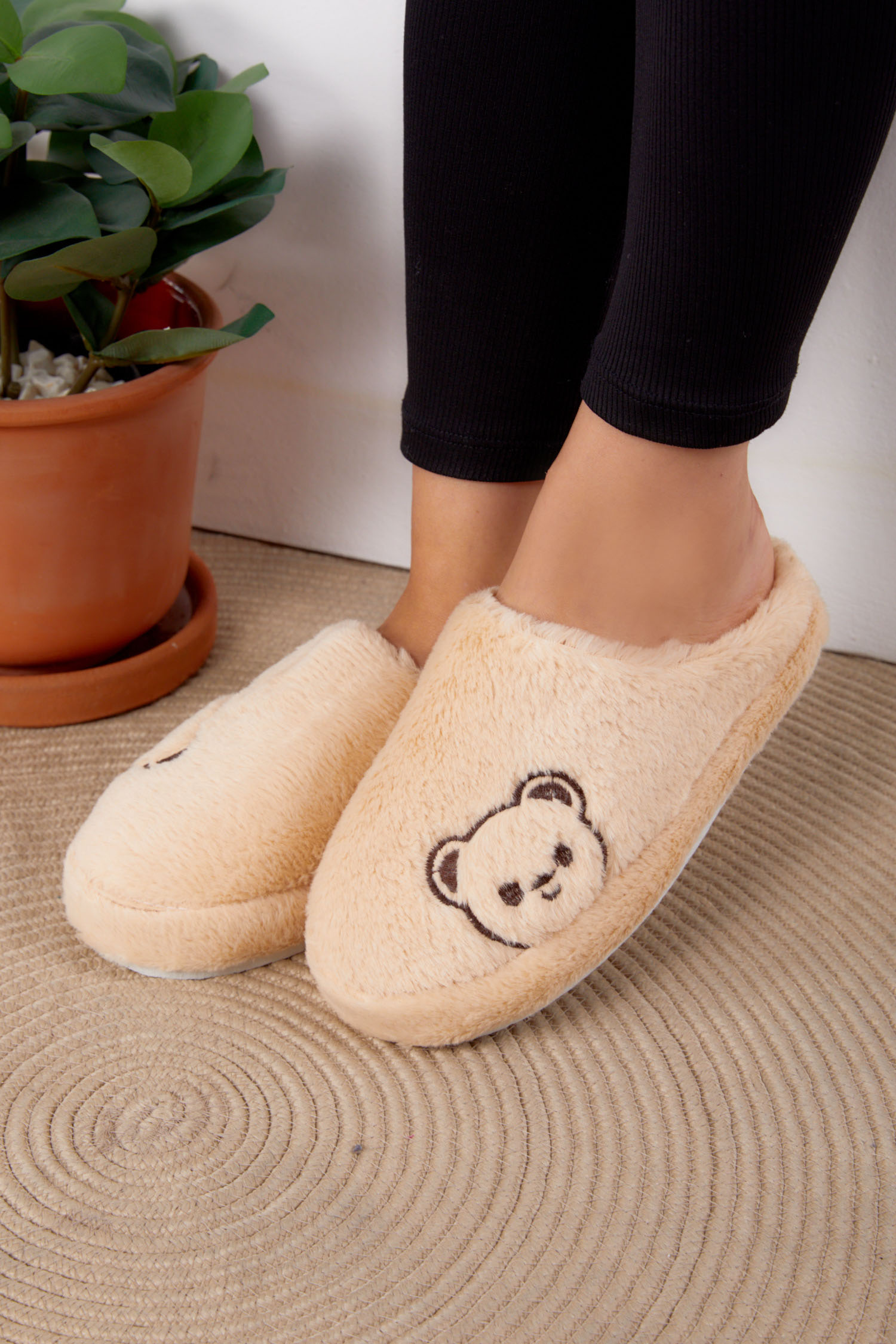 Kadın Krem Peluş Ayıcıklı Ev Terliği - 26296 - 3