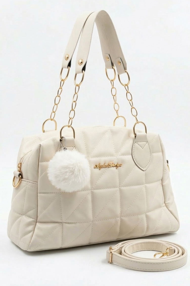 Kadın Krem Baklava Dikiş Detaylı Suni Deri Çanta - 28333-KREM - 2