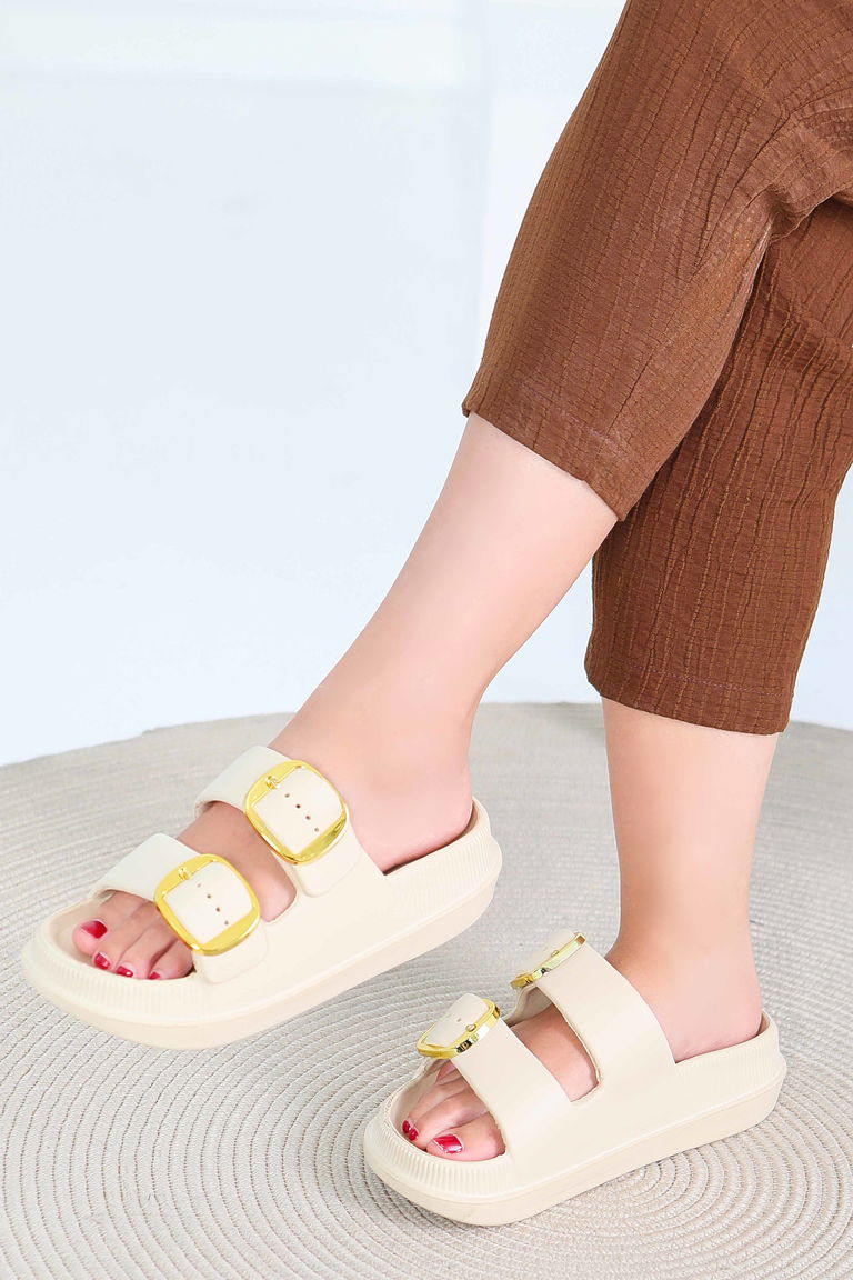 Kadın Krem Çift Kemerli Terlik - 27565 - TOFİSA